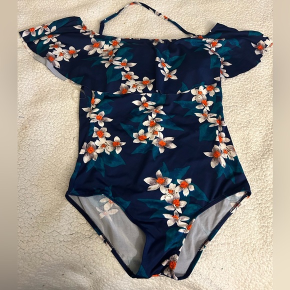 Navy Blue off the shoulder Swimsuit with detach strap and floral design - Picture 1 of 3